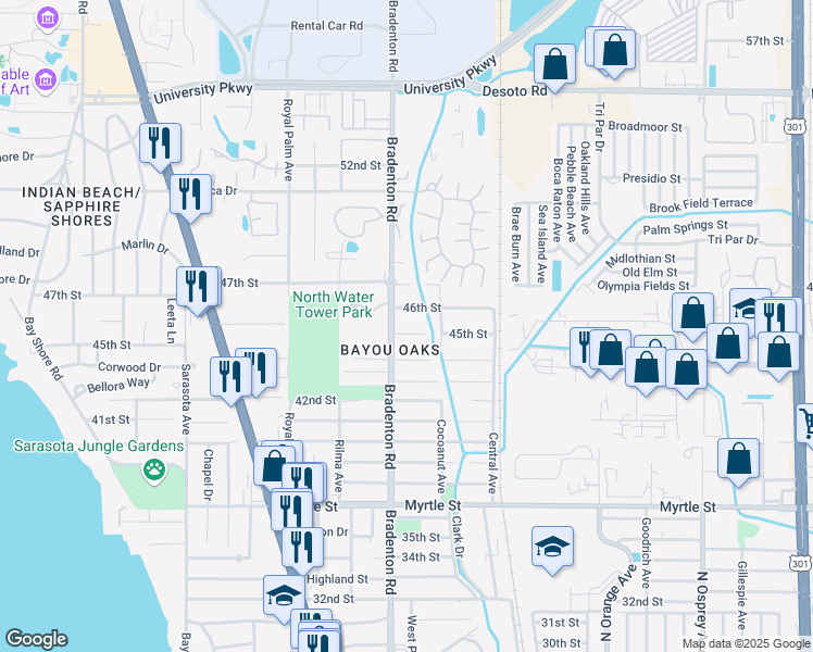 map of restaurants, bars, coffee shops, grocery stores, and more near 1229 45th Street in Sarasota