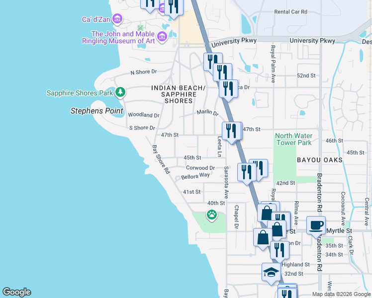 map of restaurants, bars, coffee shops, grocery stores, and more near 602 46th Street in Sarasota