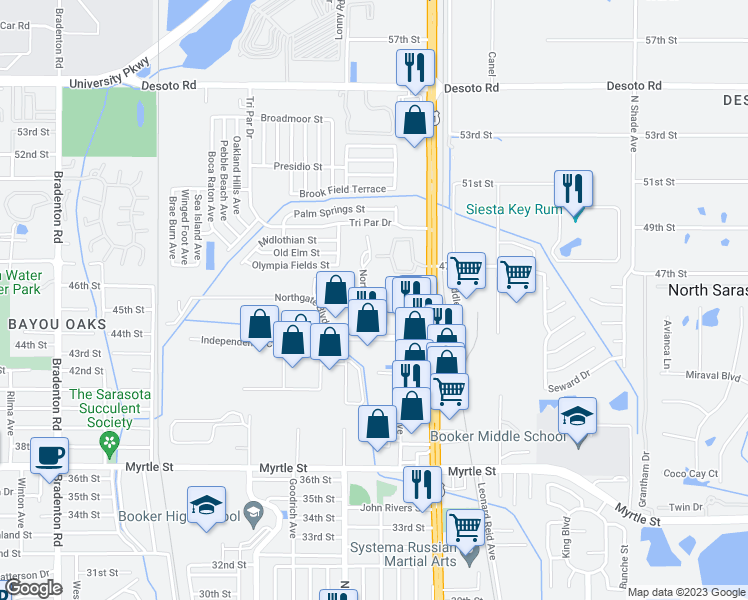 map of restaurants, bars, coffee shops, grocery stores, and more near 4521 Northgate Court in Sarasota