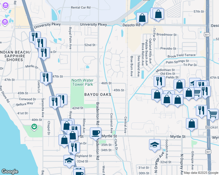 map of restaurants, bars, coffee shops, grocery stores, and more near 4515 Cocoanut Avenue in Sarasota