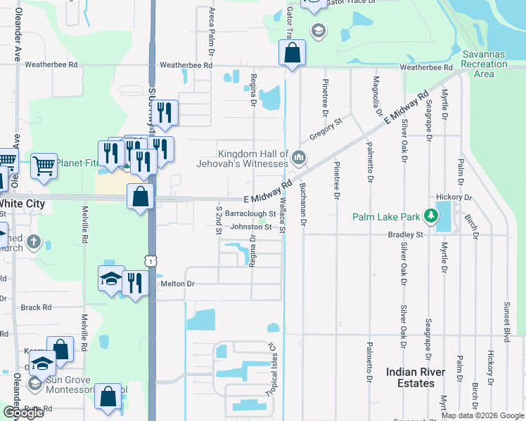 map of restaurants, bars, coffee shops, grocery stores, and more near 338 Barraclough Street in Fort Pierce
