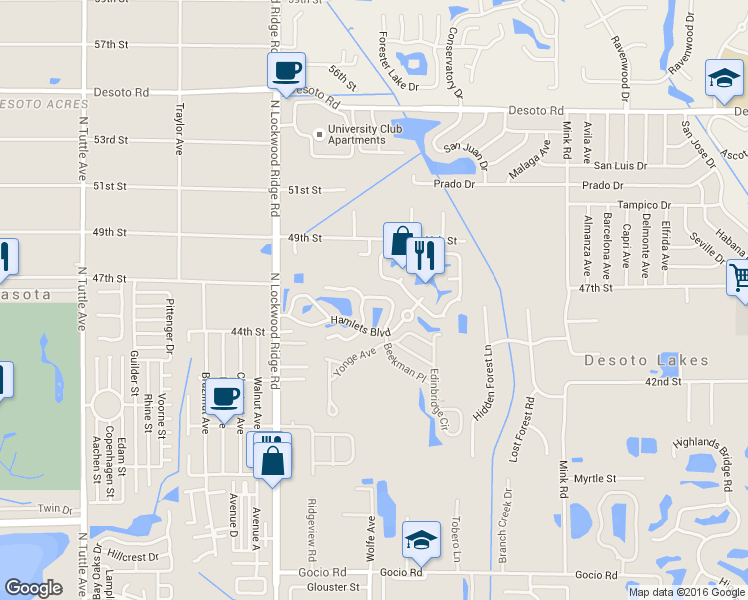 map of restaurants, bars, coffee shops, grocery stores, and more near 3440 Beekman Place Road in Sarasota
