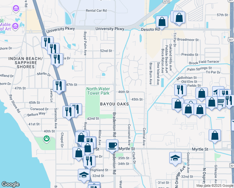 map of restaurants, bars, coffee shops, grocery stores, and more near 1229 45th Street in Sarasota