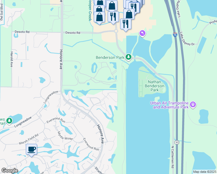 map of restaurants, bars, coffee shops, grocery stores, and more near 5693 Sheffield Greene Circle in Sarasota