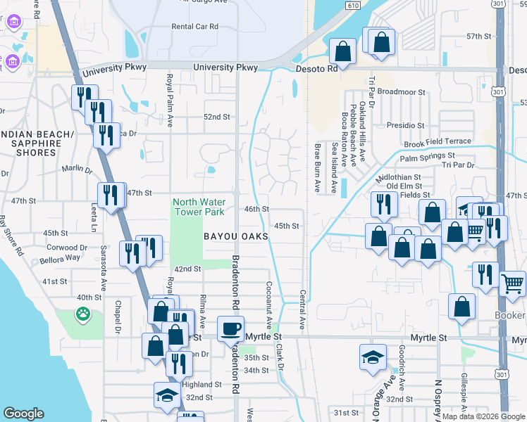 map of restaurants, bars, coffee shops, grocery stores, and more near 4515 Cocoanut Avenue in Sarasota