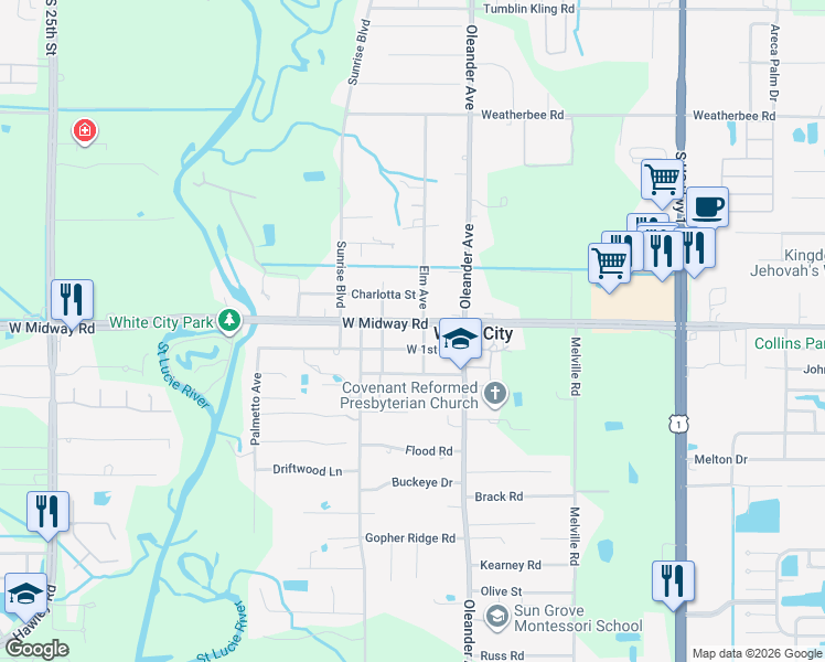 map of restaurants, bars, coffee shops, grocery stores, and more near 1006 West 1st Street in Fort Pierce