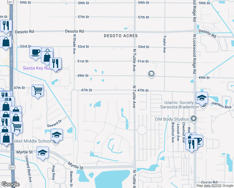 map of restaurants, bars, coffee shops, grocery stores, and more near 2694 Rolling Green Drive in Sarasota