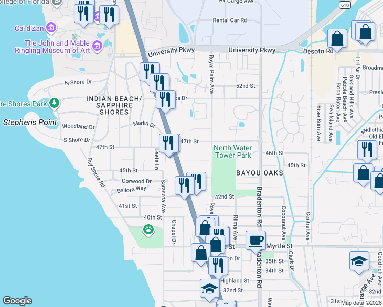 map of restaurants, bars, coffee shops, grocery stores, and more near 926 46th St in Sarasota