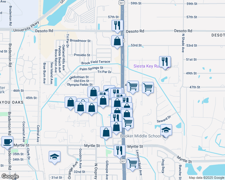 map of restaurants, bars, coffee shops, grocery stores, and more near 4521 Northgate Court in Sarasota