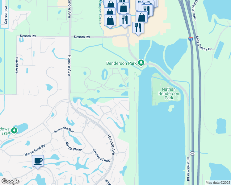 map of restaurants, bars, coffee shops, grocery stores, and more near 5706 Sheffield Greene Circle in Sarasota