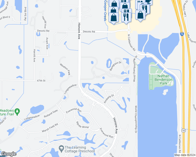 map of restaurants, bars, coffee shops, grocery stores, and more near 4751 Travini Circle in Sarasota