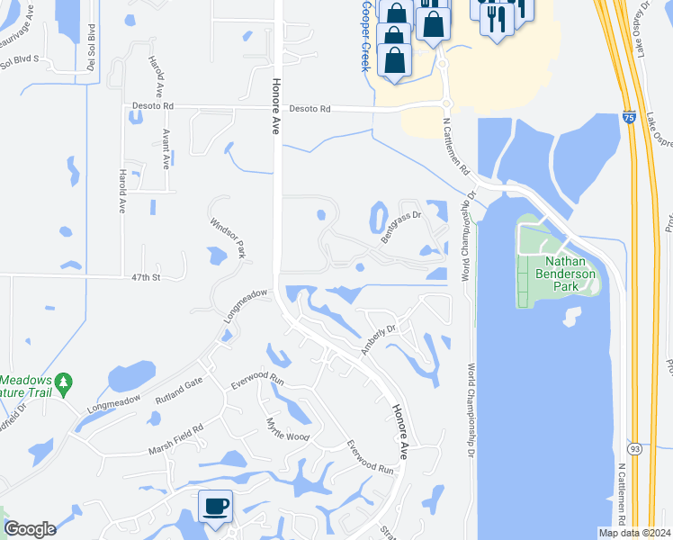 map of restaurants, bars, coffee shops, grocery stores, and more near 4751 Travini Circle in Sarasota
