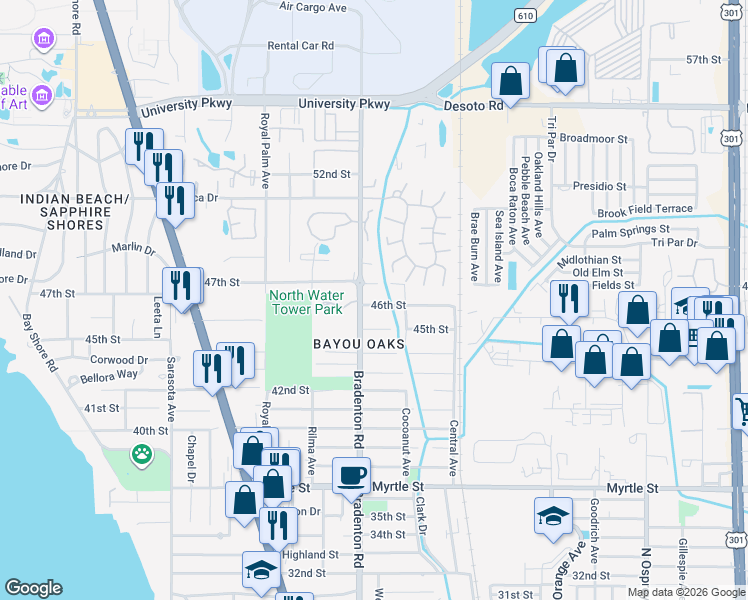 map of restaurants, bars, coffee shops, grocery stores, and more near 1225 46th Street in Sarasota