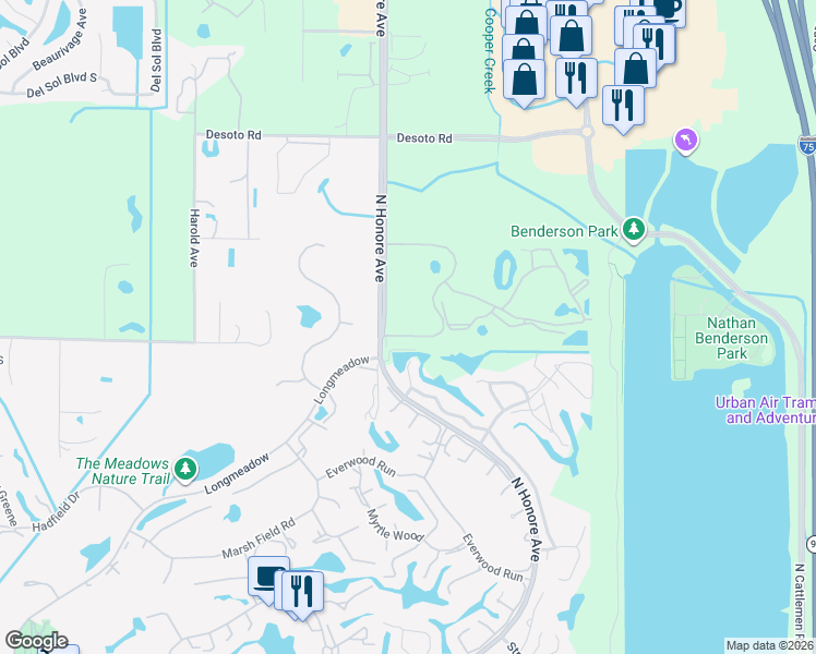 map of restaurants, bars, coffee shops, grocery stores, and more near in The Meadows