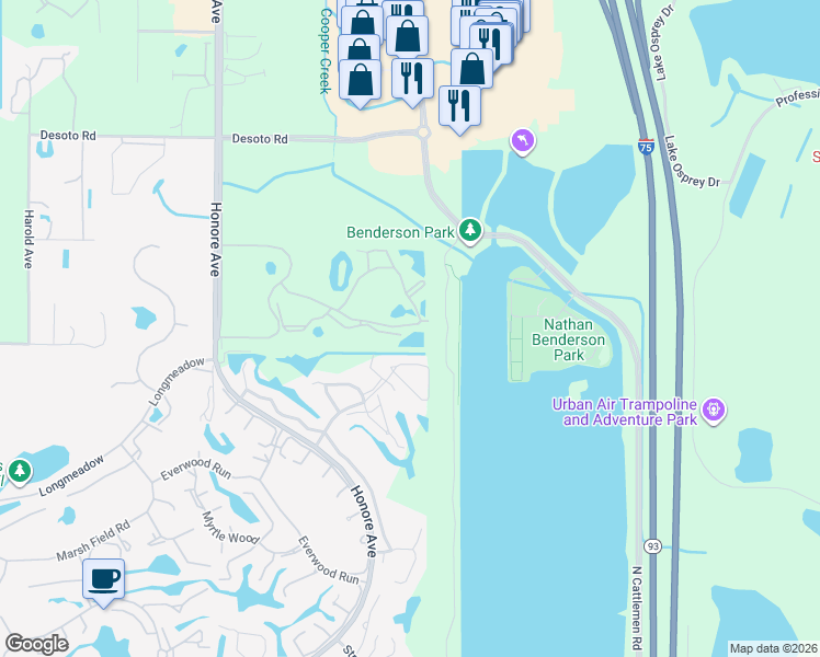 map of restaurants, bars, coffee shops, grocery stores, and more near 5655 Bentgrass Drive in Sarasota
