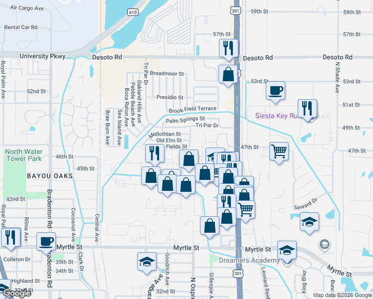 map of restaurants, bars, coffee shops, grocery stores, and more near 4702 Calumet Avenue in Sarasota