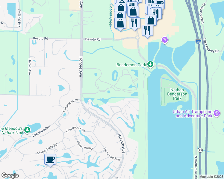 map of restaurants, bars, coffee shops, grocery stores, and more near 5500 Bentgrass Drive in Sarasota