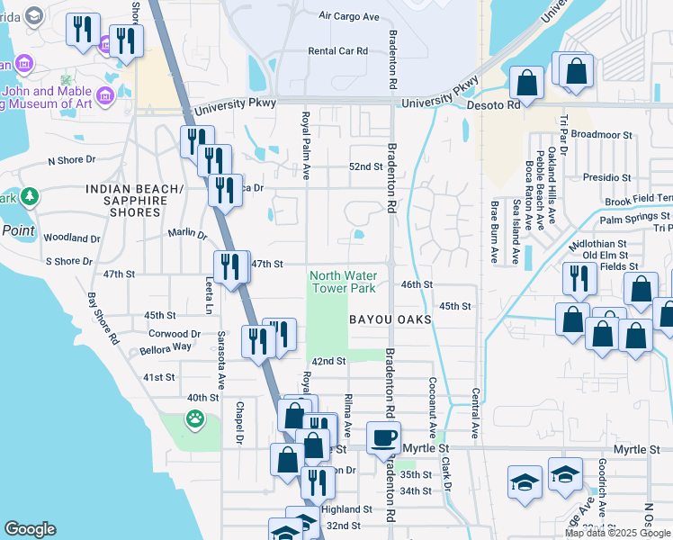 map of restaurants, bars, coffee shops, grocery stores, and more near 1072 47th Street in Sarasota