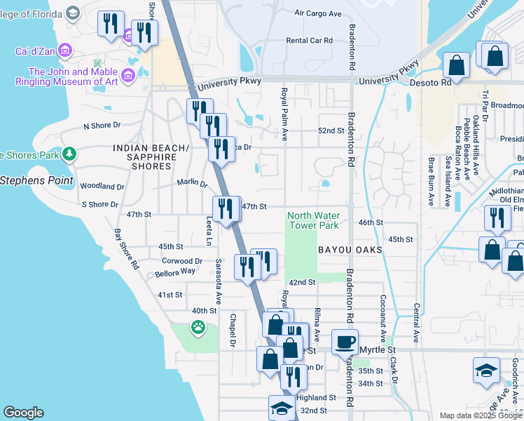 map of restaurants, bars, coffee shops, grocery stores, and more near 932 47th Street in Sarasota