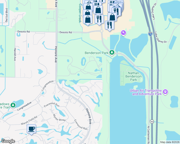 map of restaurants, bars, coffee shops, grocery stores, and more near 5551 Bentgrass Drive in Sarasota
