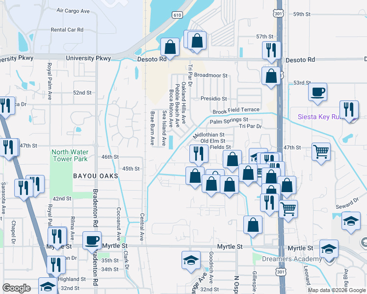 map of restaurants, bars, coffee shops, grocery stores, and more near 1600 Olympia Fields Street in Sarasota