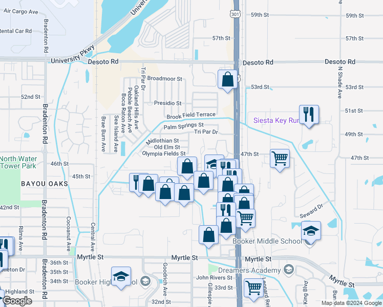 map of restaurants, bars, coffee shops, grocery stores, and more near 4702 Calumet Avenue in Sarasota