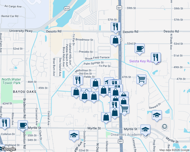 map of restaurants, bars, coffee shops, grocery stores, and more near 4702 Calumet Avenue in Sarasota