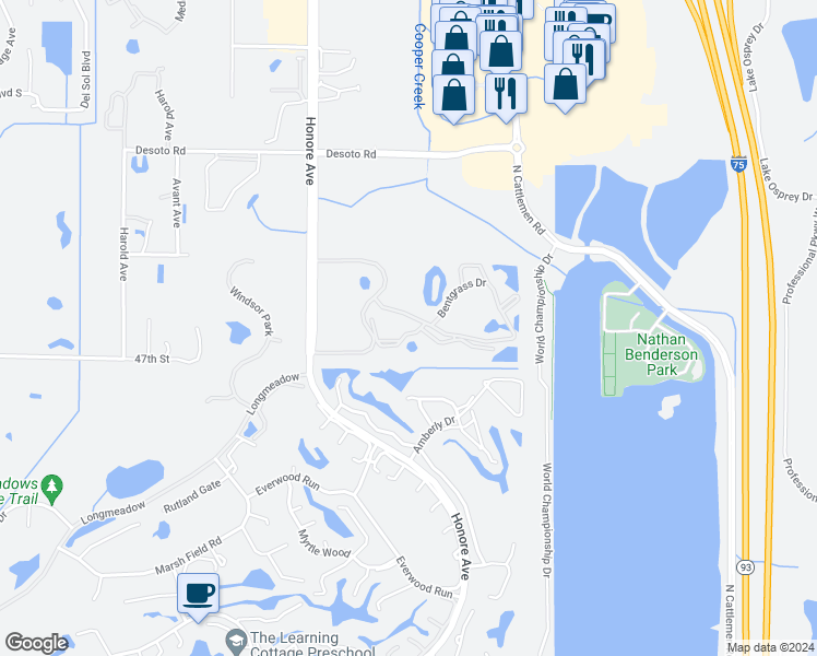 map of restaurants, bars, coffee shops, grocery stores, and more near 5550 Bentgrass Drive in Sarasota
