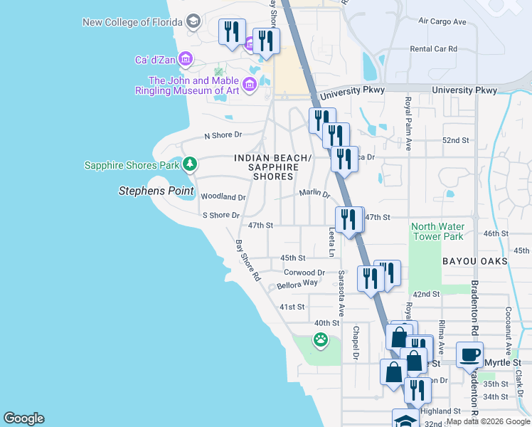 map of restaurants, bars, coffee shops, grocery stores, and more near 4844 Brywill Circle in Sarasota