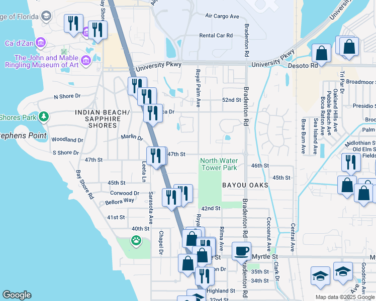 map of restaurants, bars, coffee shops, grocery stores, and more near 932 47th Street in Sarasota