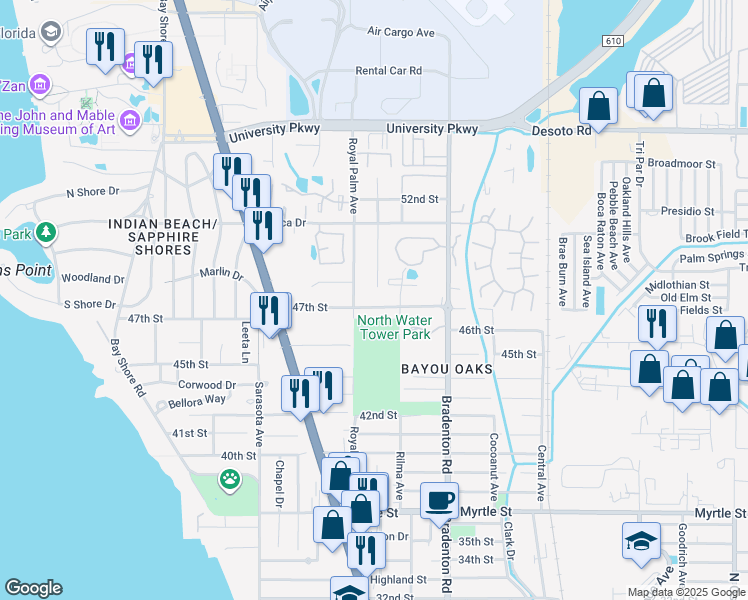 map of restaurants, bars, coffee shops, grocery stores, and more near 1045 47th Street in Sarasota