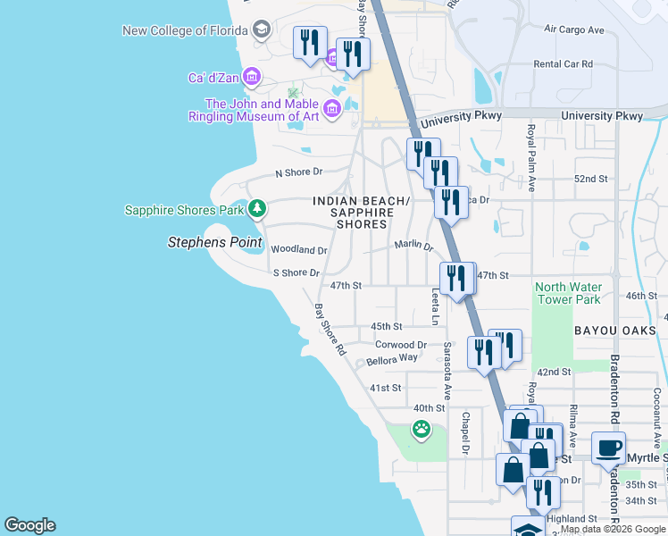 map of restaurants, bars, coffee shops, grocery stores, and more near 4844 Brywill Circle in Sarasota