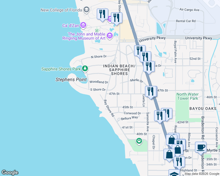 map of restaurants, bars, coffee shops, grocery stores, and more near 4844 Brywill Circle in Sarasota