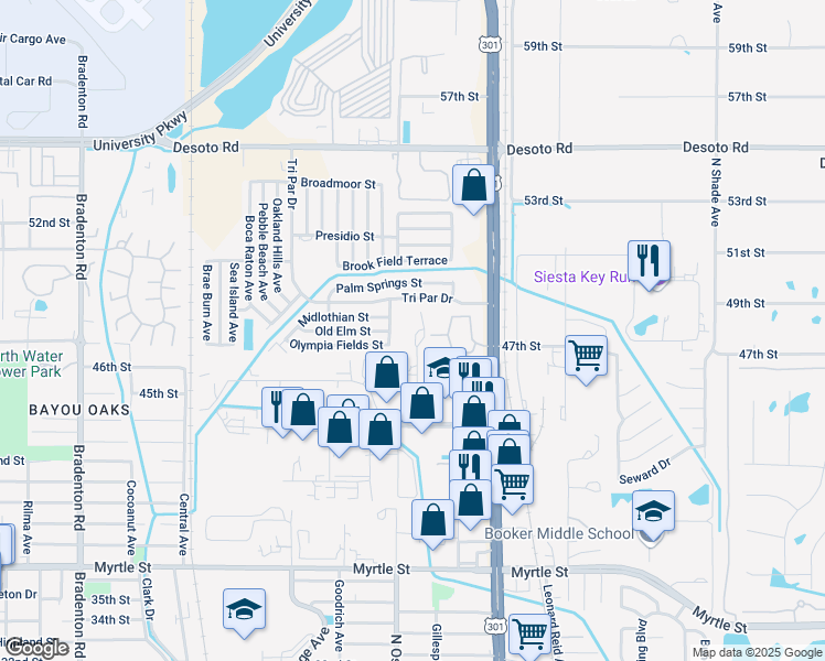 map of restaurants, bars, coffee shops, grocery stores, and more near 4702 Calumet Avenue in Sarasota