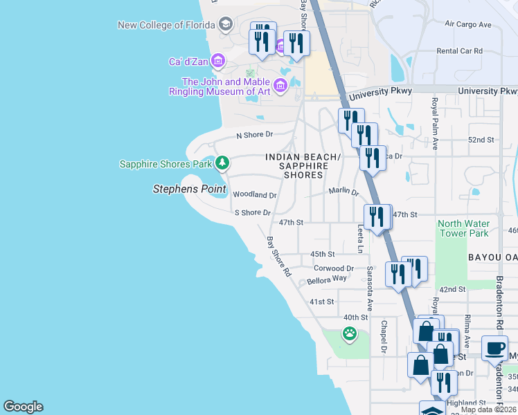 map of restaurants, bars, coffee shops, grocery stores, and more near 472 South Shore Drive in Sarasota