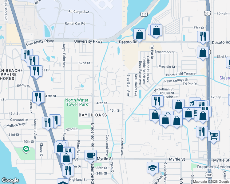 map of restaurants, bars, coffee shops, grocery stores, and more near 4865 Village Garden Drive in Sarasota