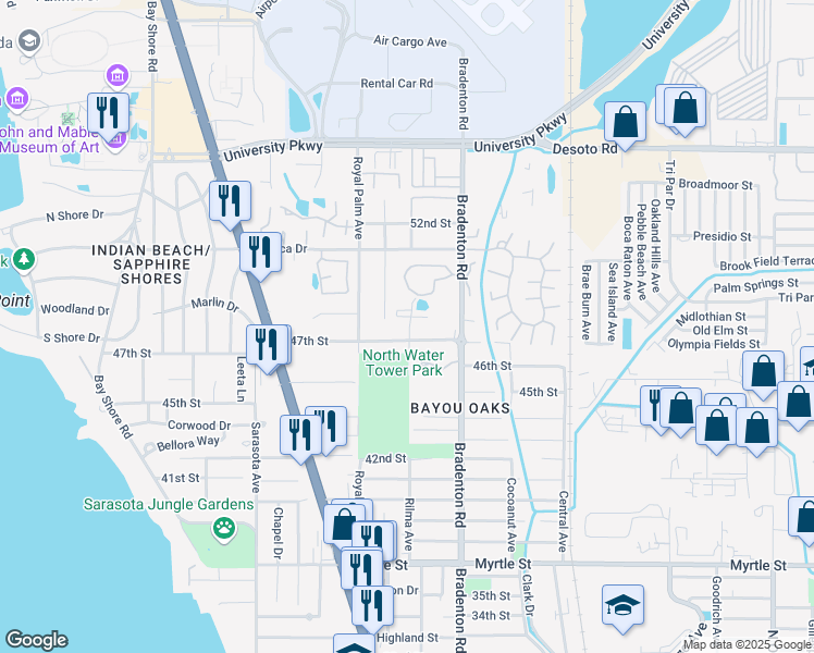 map of restaurants, bars, coffee shops, grocery stores, and more near 1072 47th Street in Sarasota