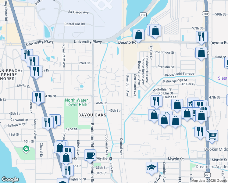 map of restaurants, bars, coffee shops, grocery stores, and more near 4865 Village Garden Drive in Sarasota