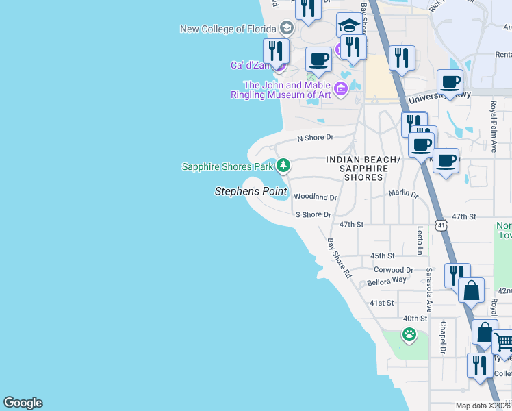 map of restaurants, bars, coffee shops, grocery stores, and more near 356 South Shore Drive in Sarasota