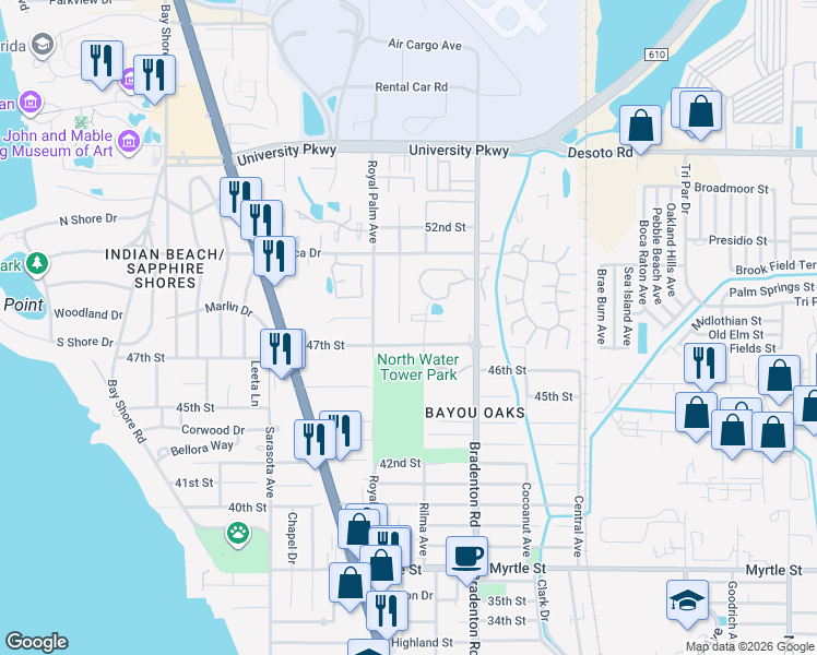 map of restaurants, bars, coffee shops, grocery stores, and more near 1072 47th Street in Sarasota