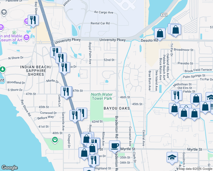 map of restaurants, bars, coffee shops, grocery stores, and more near 4800 Rilma Avenue in Sarasota