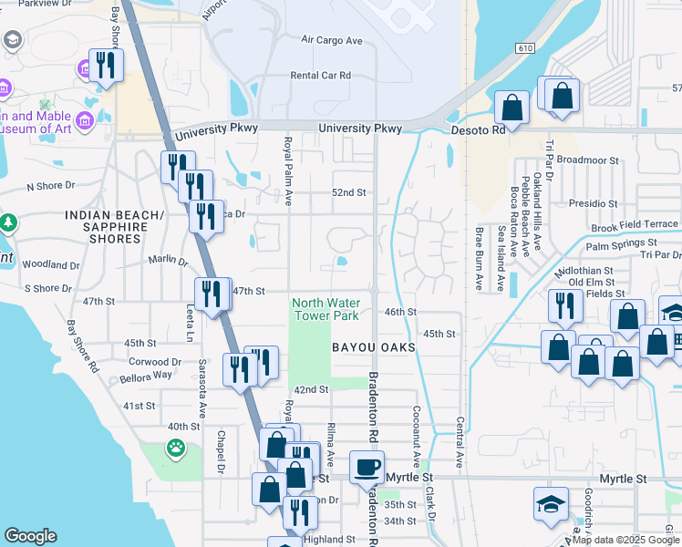map of restaurants, bars, coffee shops, grocery stores, and more near 1155 47th Street in Sarasota