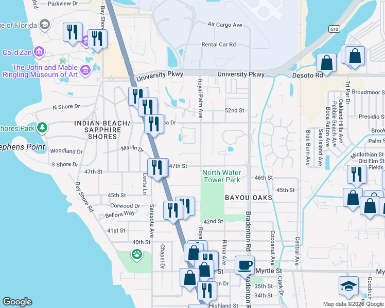 map of restaurants, bars, coffee shops, grocery stores, and more near 932 Royal Palm Drive in Sarasota