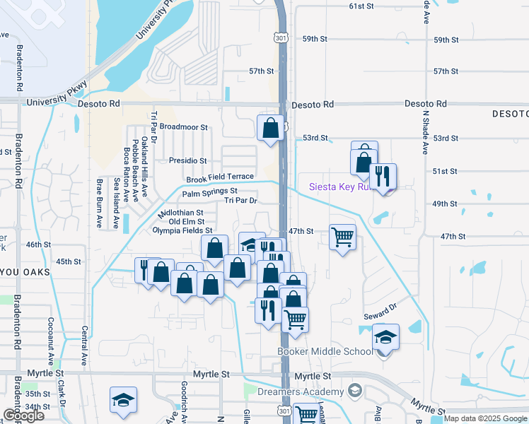map of restaurants, bars, coffee shops, grocery stores, and more near 4601 Tri Par Drive in Sarasota