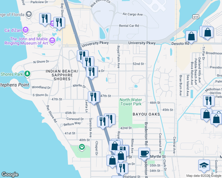 map of restaurants, bars, coffee shops, grocery stores, and more near 5065 Barrington Circle in Sarasota