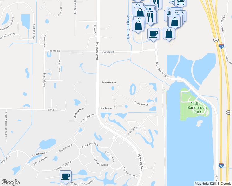 map of restaurants, bars, coffee shops, grocery stores, and more near 5402 Bentgrass Drive in Sarasota