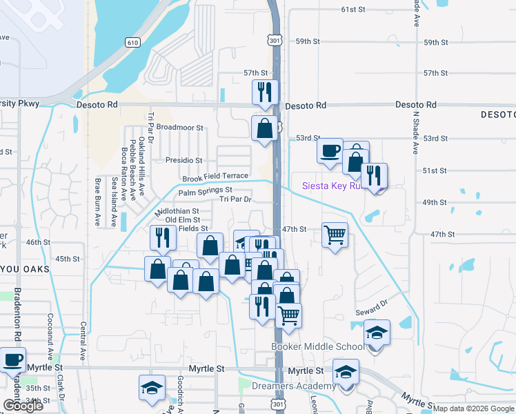 map of restaurants, bars, coffee shops, grocery stores, and more near 4601 Tri Par Drive in Sarasota