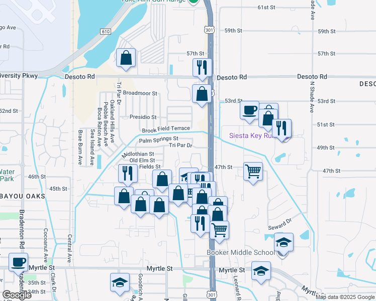 map of restaurants, bars, coffee shops, grocery stores, and more near 4714 Tri Par Drive in Sarasota