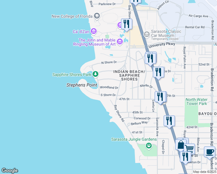 map of restaurants, bars, coffee shops, grocery stores, and more near Woodland Drive in Sarasota