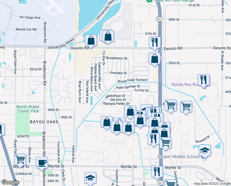 map of restaurants, bars, coffee shops, grocery stores, and more near 1709 Palm Springs Street in Sarasota